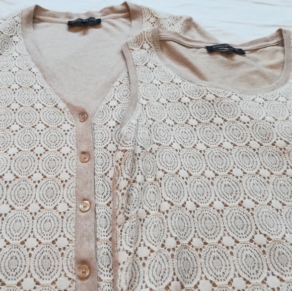 Jones New York Beige V Neck Cardigan & Tank With Lace - Excellent Condition - Picture 2 of 7